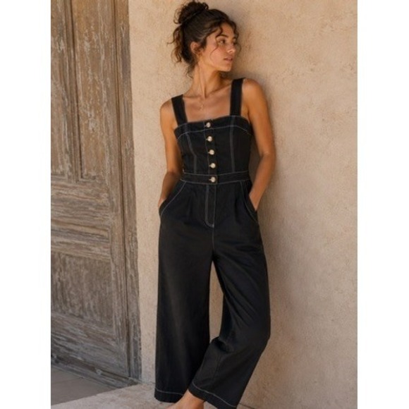 Express Pants - Express x Rocky Barnes Black Contrast Stitch Wide Leg Button Front Jumpsuit XS